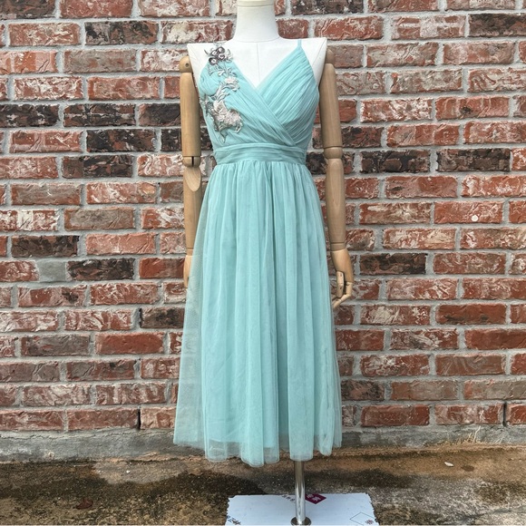 NWT Little Mistress petite spaghetti strap blue floral tulle layered dress / 2P - Picture 7 of 13